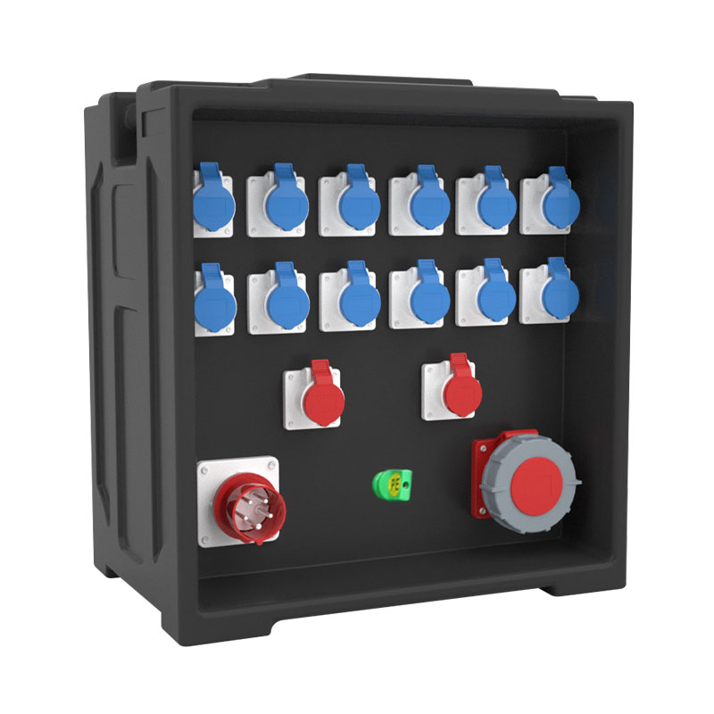 Caja de distribución de energía PHLTD para escenario con panel de visualización LED, 14 tomas industriales, un enchufe de 63A y un enchufe industrial de cinco núcleos