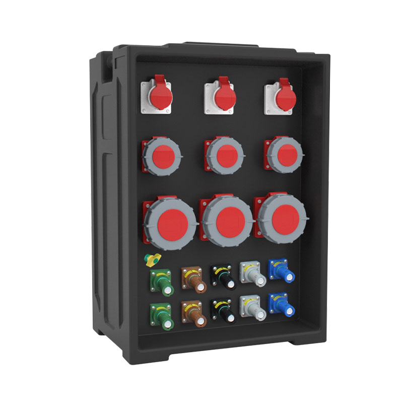 Caja de distribución de iluminación escénica portátil personalizable PHLTD con 9 enchufes industriales (16A, 63A) y 10 enchufes Powerlock