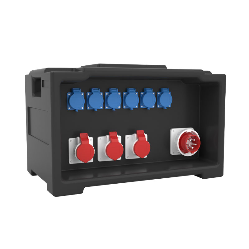 Caja de distribución para iluminación de escenario PHLTD equipada con 6 tomas estándar europeas, 3 tomas industriales y 1 enchufe industrial