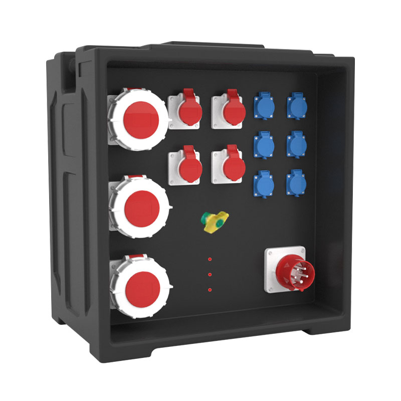 Caja de distribución PHLTD de tres caras con ventanas transparentes impermeables, múltiples tomas industriales y disyuntores