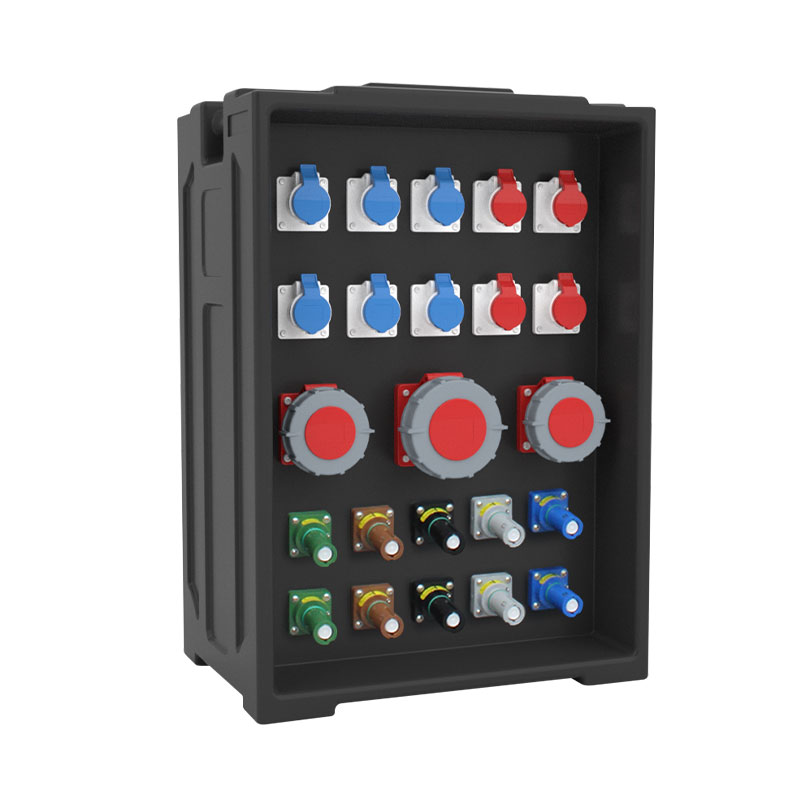 Caja de iluminación escénica portátil personalizable PHLTD con 10 enchufes industriales de 16A y 3 enchufes rhino (32A y 63A)