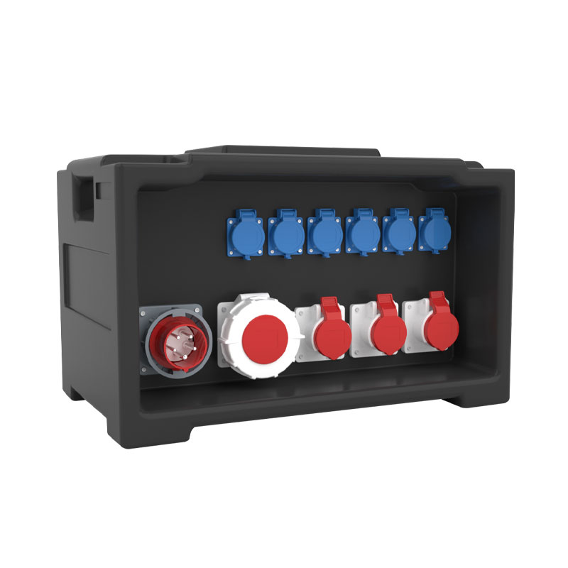 Caja de distribución para iluminación de escenario PHLTD equipada con 6 tomas estándar europeas, 4 tomas industriales y 1 enchufe industrial
