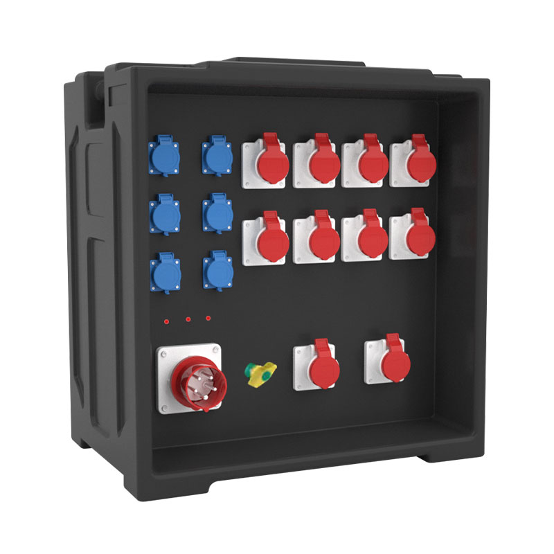 Caja de distribución grande de cuatro caras PHLTD con múltiples cubiertas transparentes, tomas impermeables y disyuntores industriales
