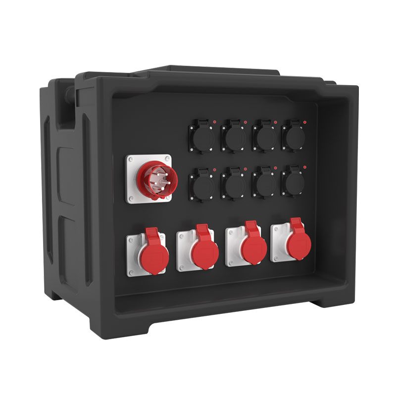 Caja de distribución de iluminación escénica PHLTD equipada con múltiples tomas industriales y un enchufe industrial de 5 pines