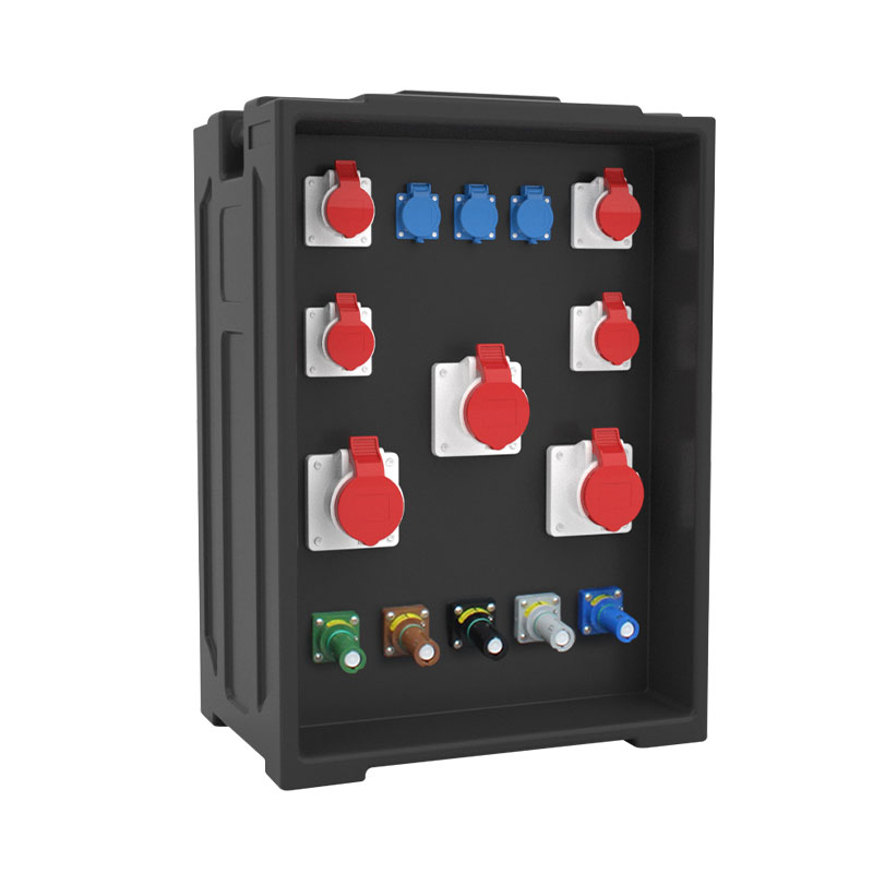 Caja de iluminación escénica portátil PHLTD con 3 enchufes nacionales, 7 enchufes industriales (16A, 32A, 63A) y 10 enchufes Rhino