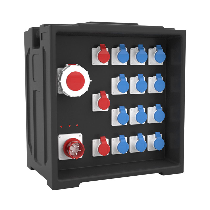Caja de distribución de energía para escenario PHLTD con 6 tomas industriales y un enchufe industrial de cinco pines