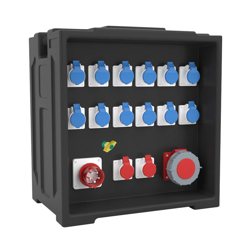 Caja de distribución de energía para escenario PHLTD con 7 tomas industriales y un enchufe industrial de cinco pines