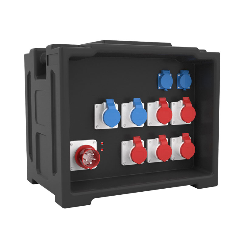 Caja de distribución de energía para escenario PHLTD con múltiples tomas industriales y un enchufe de cinco núcleos para iluminación y sonido escénico