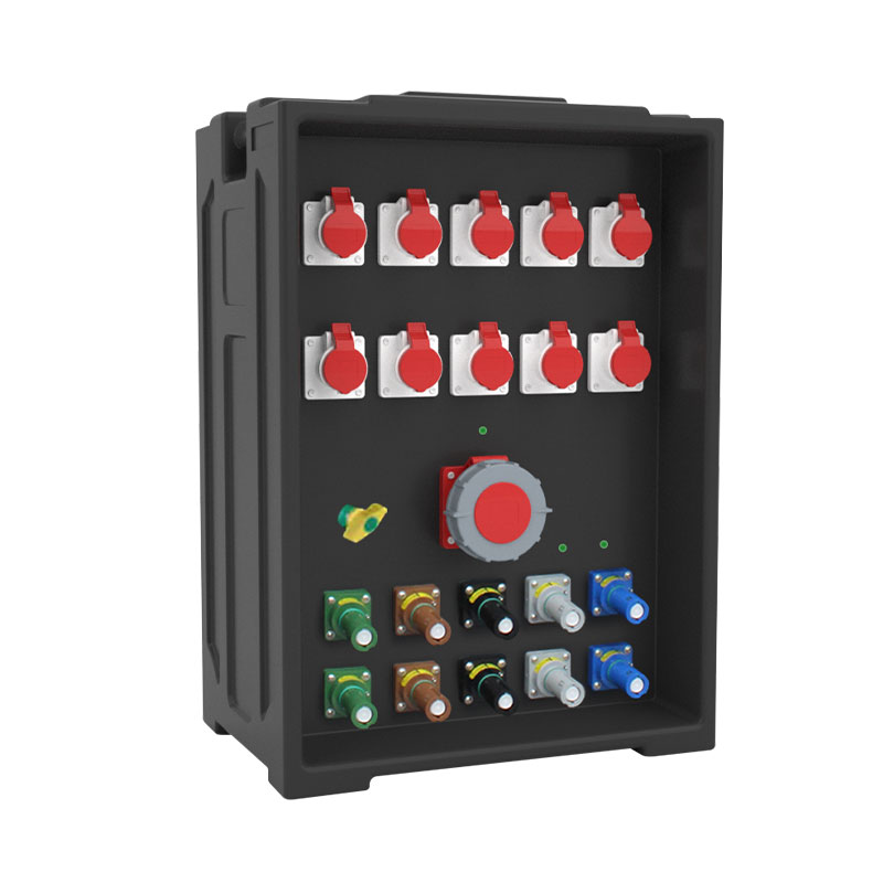 Caja de distribución de iluminación escénica portátil grande PHLTD personalizable con diez enchufes industriales IP44, un enchufe IP67 y diez enchufes Powerlock
