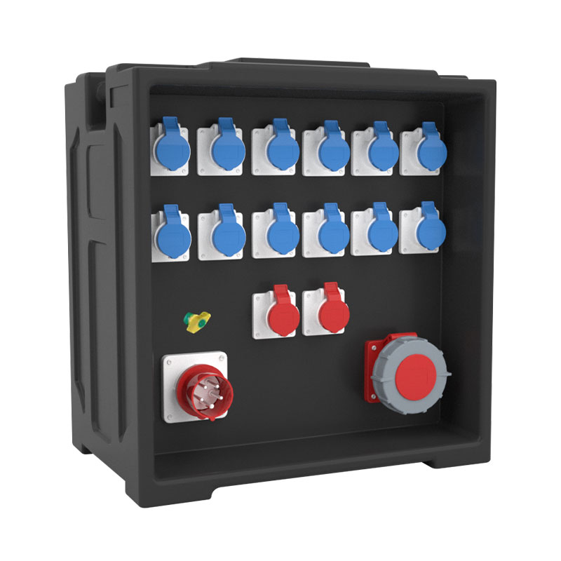 Caja de distribución de energía para escenario PHLTD con 8 tomas industriales y un enchufe industrial de cinco pines