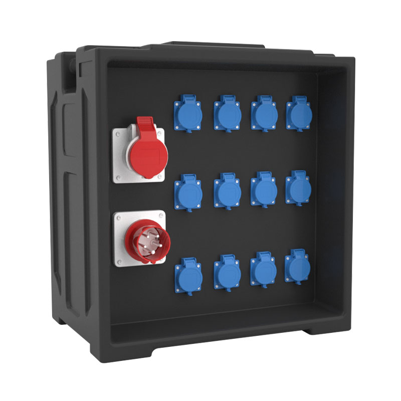 Caja de distribución de energía LED para escenario grande PHLTD con 12 enchufes Schuko, 1 enchufe industrial rojo y 1 enchufe industrial de cinco pines