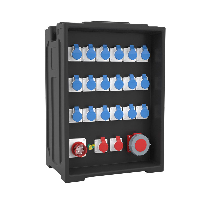 Caja de distribución portátil grande para iluminación escénica PHLTD personalizable con 20 enchufes industriales IP44, un enchufe de 63A y un enchufe Powerlock de cinco pines