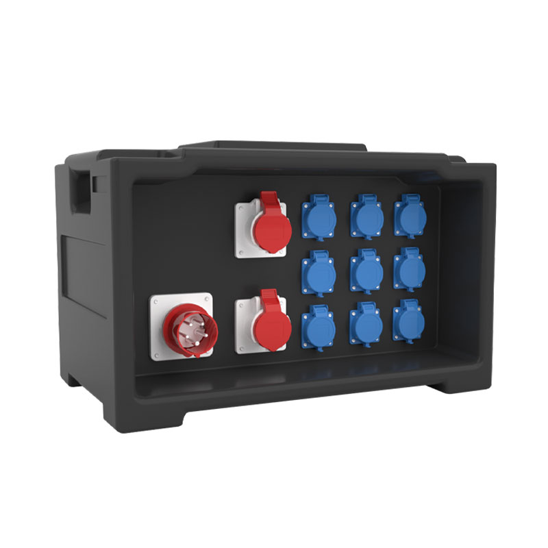 Caja de distribución para iluminación y sonido de escenario PHLTD equipada con 9 tomas estándar europeas, 2 tomas industriales y 1 enchufe industrial